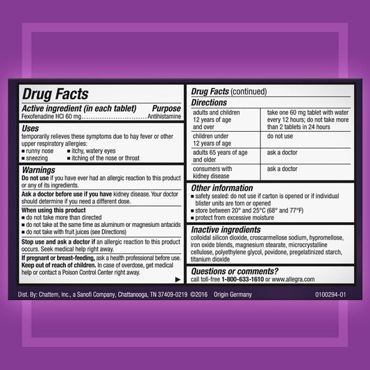 Allegra Adult 12Hr Non-Drowsy Antihistamine, Fast-Acting Allergy Symptom Relief, 60 Mg, 24 Count (Pack Of 1)