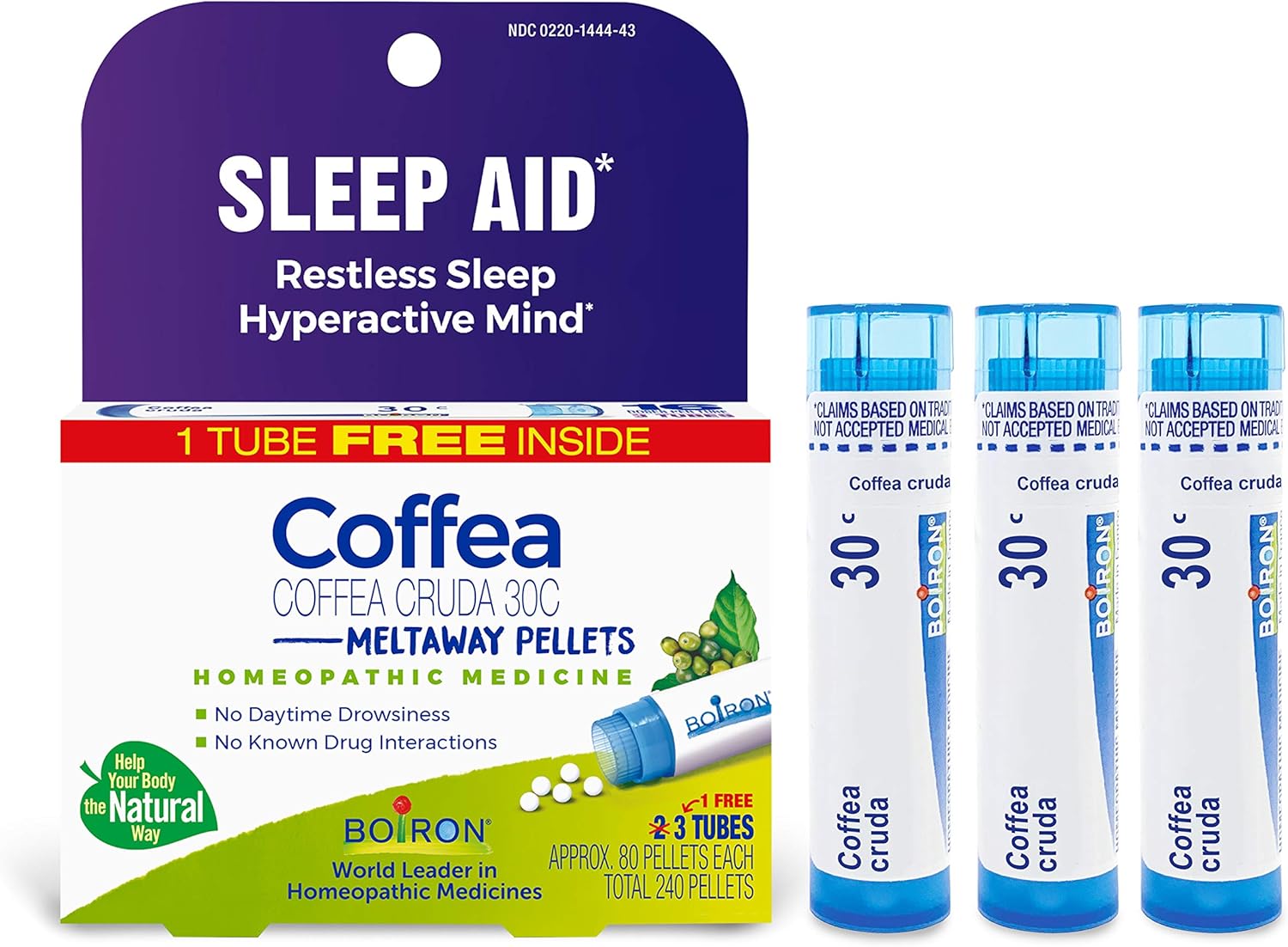 Boiron Coffea Cruda 30C Homeopathic Sleep Aid For Restless Sleep, Mental Hyperactivity, Racing Thoughts, And Difficulty Sleeping - 3 Count (240 Pellets)