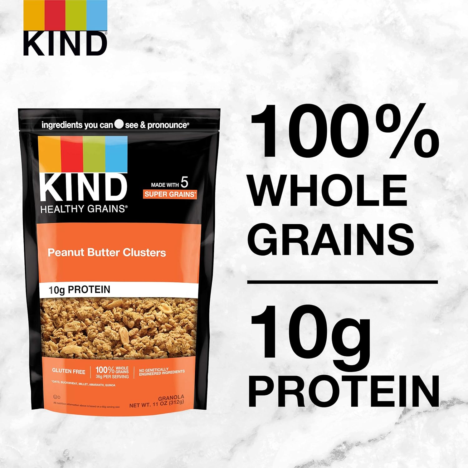 KIND HEALTHY GRAINS Granola Family Size, Healthy Snack, Peanut Butter Granola Clusters, 10g Protein, Snack Mix 11 OZ (6 Pack)