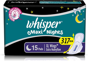 Whisper Maxi Nights Sanitary Pads for Women, XL, Pack of 15 Napkins