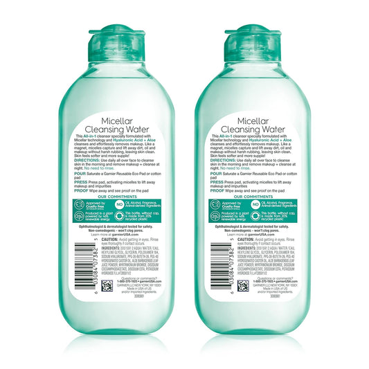 Garnier Micellar Water With Hyaluronic Acid, Facial Cleanser & Makeup Remover, Hydrating And Plumping, For All Skin Types, Vegan, Cruelty Free, 13.5 Fl Oz (400Ml), 2 Count