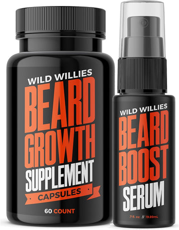 Wild Willies Beard Boost Serum And Growth Supplement Kit For Thicker And Fuller Beard For Beard Enthusiasts, Unscented, 31 Day Supply Of Vitamins, Made In Usa, 1 Fl Oz