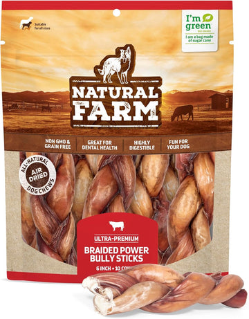 Natural Farm Braided Power Bully Sticks Dog Chews (6”, 10-Pack), 2-in-1 Power Chews: Premium Beef Cheek Wrapped in Beef Pizzle, Braided Together for a Very Long Lasting Chew, Great for Medium Dogs