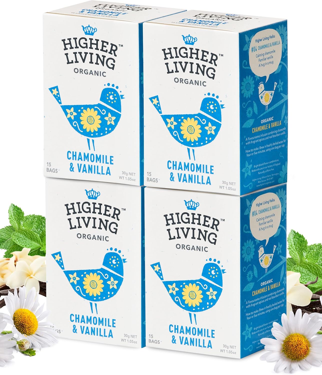 Higher Living Chamomile & Vanilla Organic Herbal Tea - Aromatic, Caffeine Free Calming Tea With Fennel, Lemon Balm, Orange Peel & Licorice - 4 Boxes, 15 Bags Each
