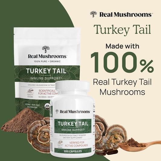 Turkey Tail Capsules - Organic Mushroom Supplement With Potent Extract For Gut, Energy, Brain, Immune Support Vegan Extract, Non-Gmo, 200 Caps