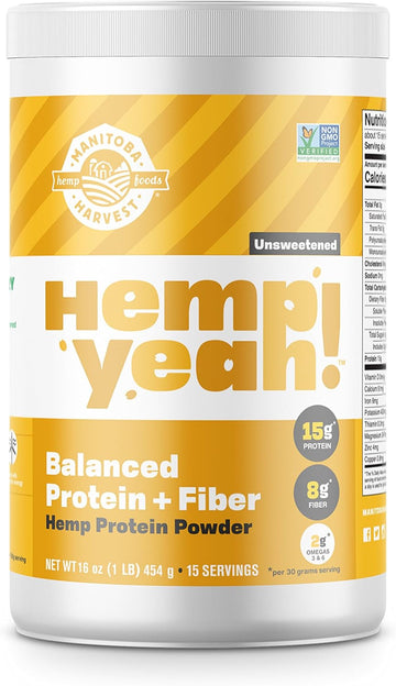 Manitoba Harvest Hemp Yeah! Balanced Protein + Fiber Powder, Unsweetened, 16Oz, With 15G Protein, 8G Fiber And 2G Omegas 3&6 Per Serving, Keto-Friendly, Preservative Free, Non-Gmo, Packaging May Vary