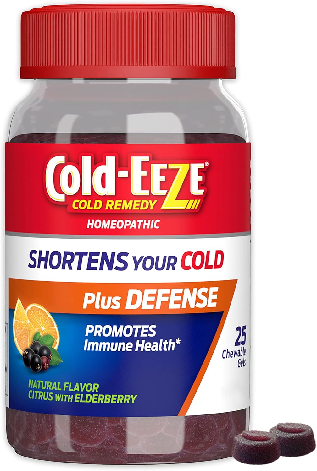 Cold-Eeze Plus Defense Natural Citrus & Elderberry Zinc Chewable Gels, Homeopathic Cold Remedy, Shortens Common Cold Symptoms, Promotes Immune Health With Sambucus Nigra, Echinacea & Rose Hips, 25 Ct