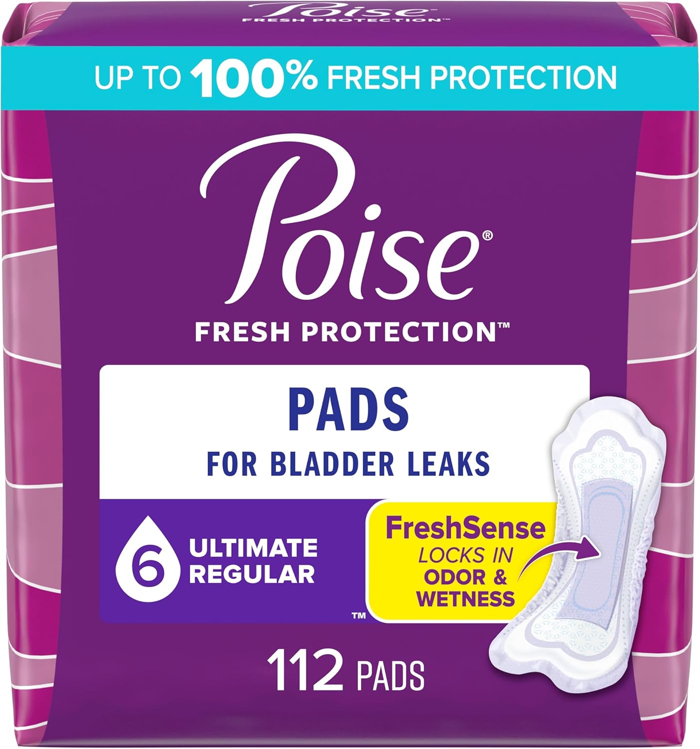 Poise Incontinence Pads & Postpartum Incontinence Pads, 6 Drop Ultimate Absorbency, Regular Length, 112 Count, Packaging May Vary