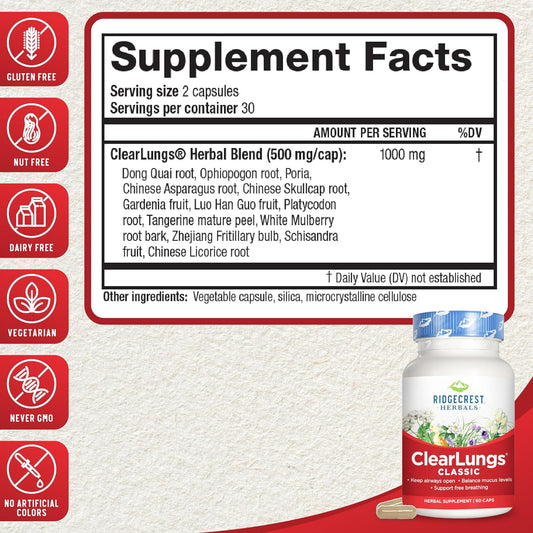 RidgeCrest Herbals ClearLungs Classic, Natural Lung and Nasal Daily Health Supplement for Bronchial, Respiratory, Immune, Sinus, and Mucus Wellness Support, Herbal Formula (60 Caps, 30 Serv)