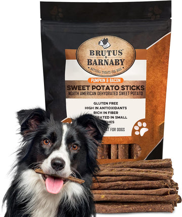 BRUTUS & BARNABY USA Sweet Potato Dog Treats - Grain Free, Pumpkin Bacon Crunchy Sticks - Great Tasting, Promotes Positive Dog Gut Health with Natural Anti-Diarrhea Properties, No Preservatives Added