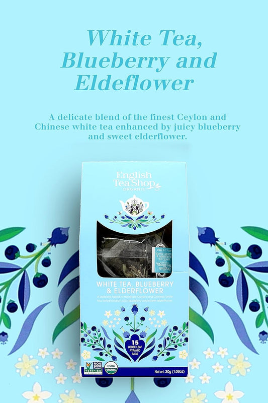 English Tea Shop Organic White Tea, Blueberry & Elder Flower Loose Leaf, 15 Pyramid Tea Bags