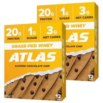 Atlas Protein Bar, 20G Protein, 1G Sugar, Clean Ingredients, Gluten Free (Almond Chocolate Chip, 12 Count (Pack Of 2))