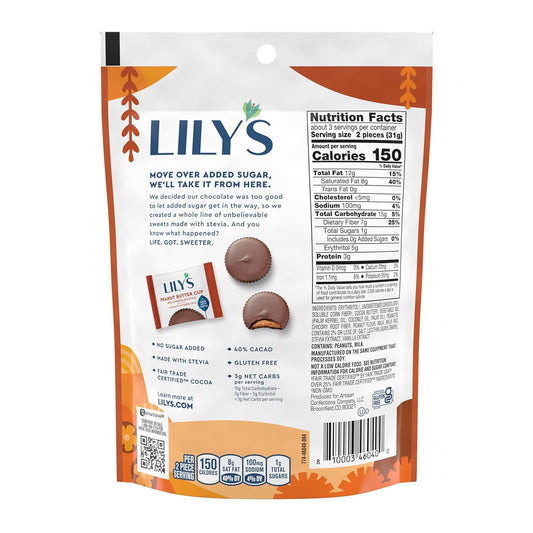 Lily'S Milk Chocolate Style Peanut Butter Cups No Sugar Added, Sweets Bags, 3.2 Oz (12 Count)