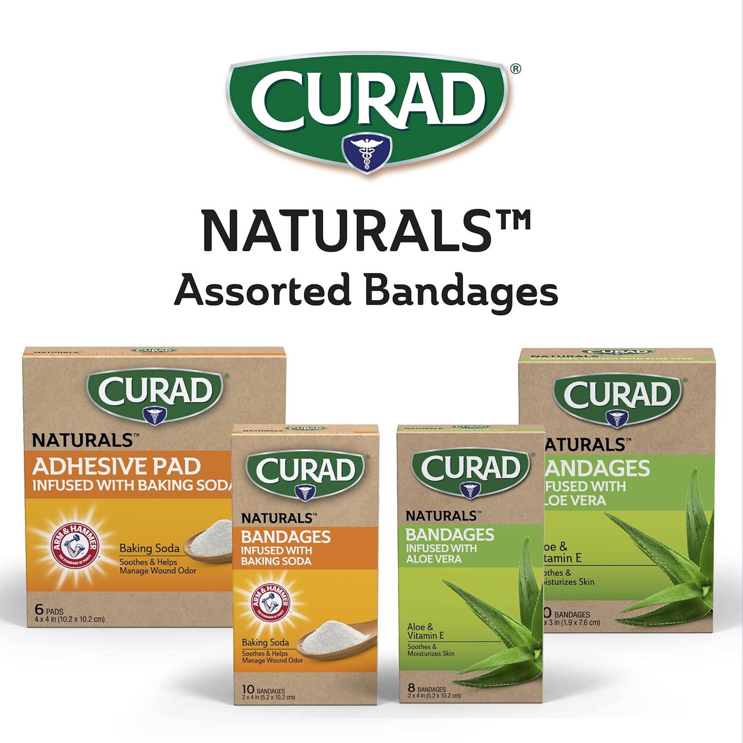 CURAD Naturals Ale Vera & Vitamin E Bandages 2" x 4", Individually Wrapped Sterile Bandages, First Aid Kit Essential, Protects Scrapes and Cuts, Absorbent and Self-Adhesive, 8 - Count Box : Health & Household