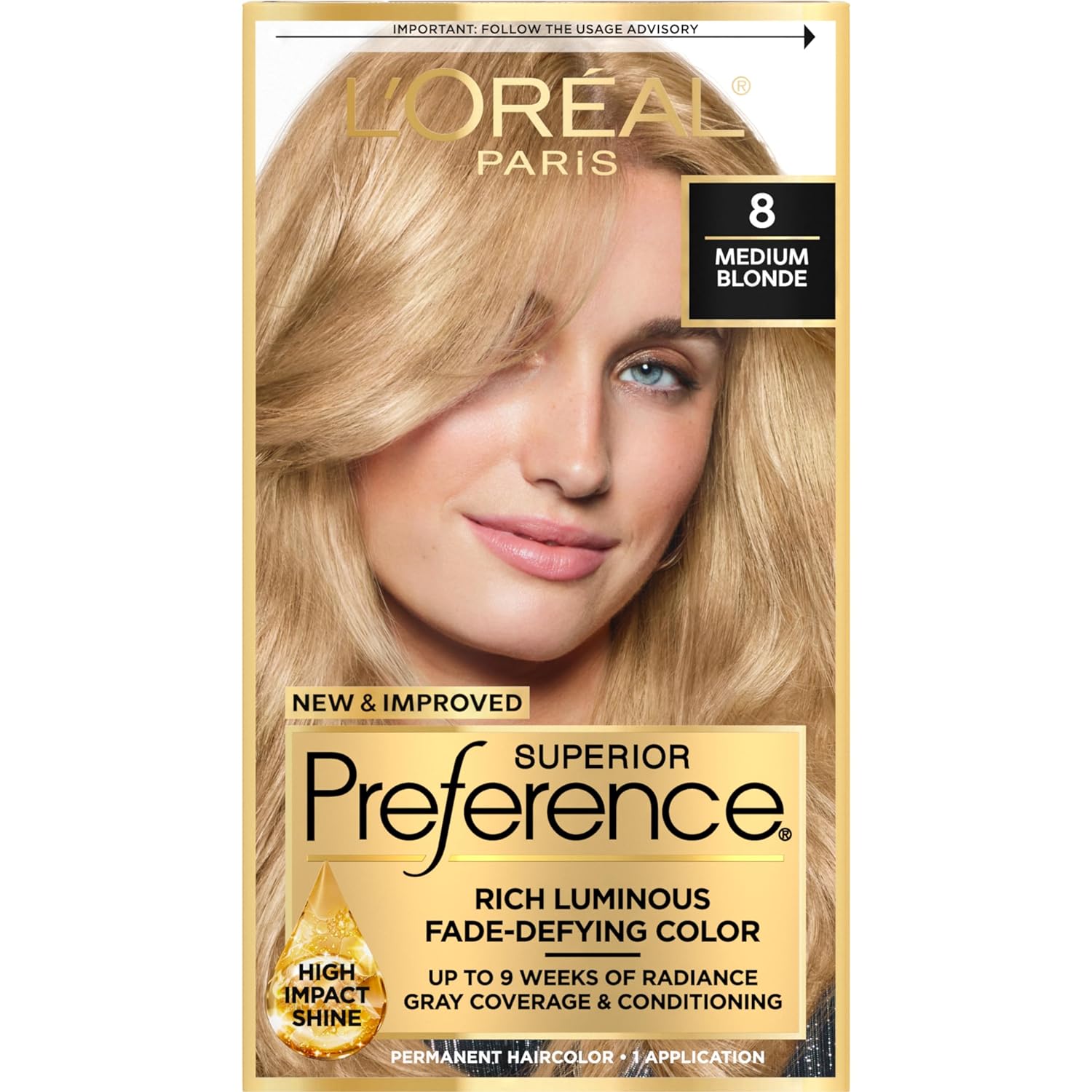 L'Oreal Paris Superior Preference Fade-Defying + Shine Permanent Hair Color, 8 Medium Blonde, Pack Of 1, Hair Dye