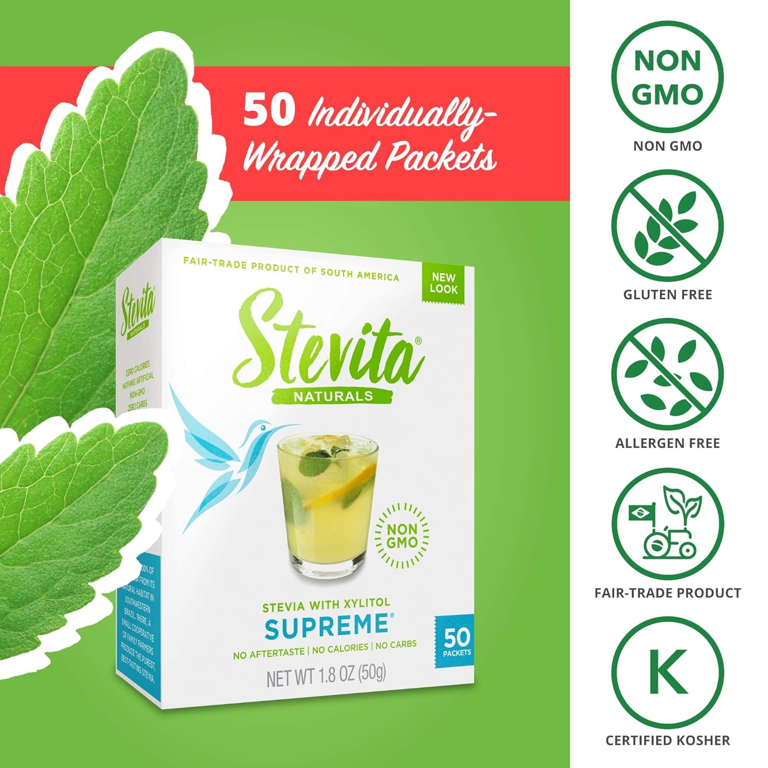 Stevita Stevia With Xylitol Supreme - 50 Packets, Pack Of 4 - All-Natural Sweetener, No Calories - Non-Gmo, Vegan, Kosher, Keto, Paleo, Gluten Free - 200 Total Servings