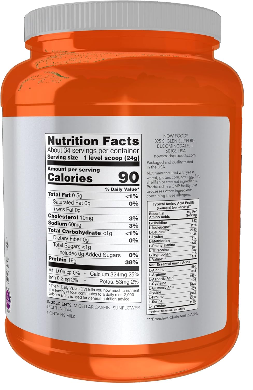 NOW Sports Nutrition, Micellar Casein 19 g, Slow Release, Unavored Powder, 1.8-