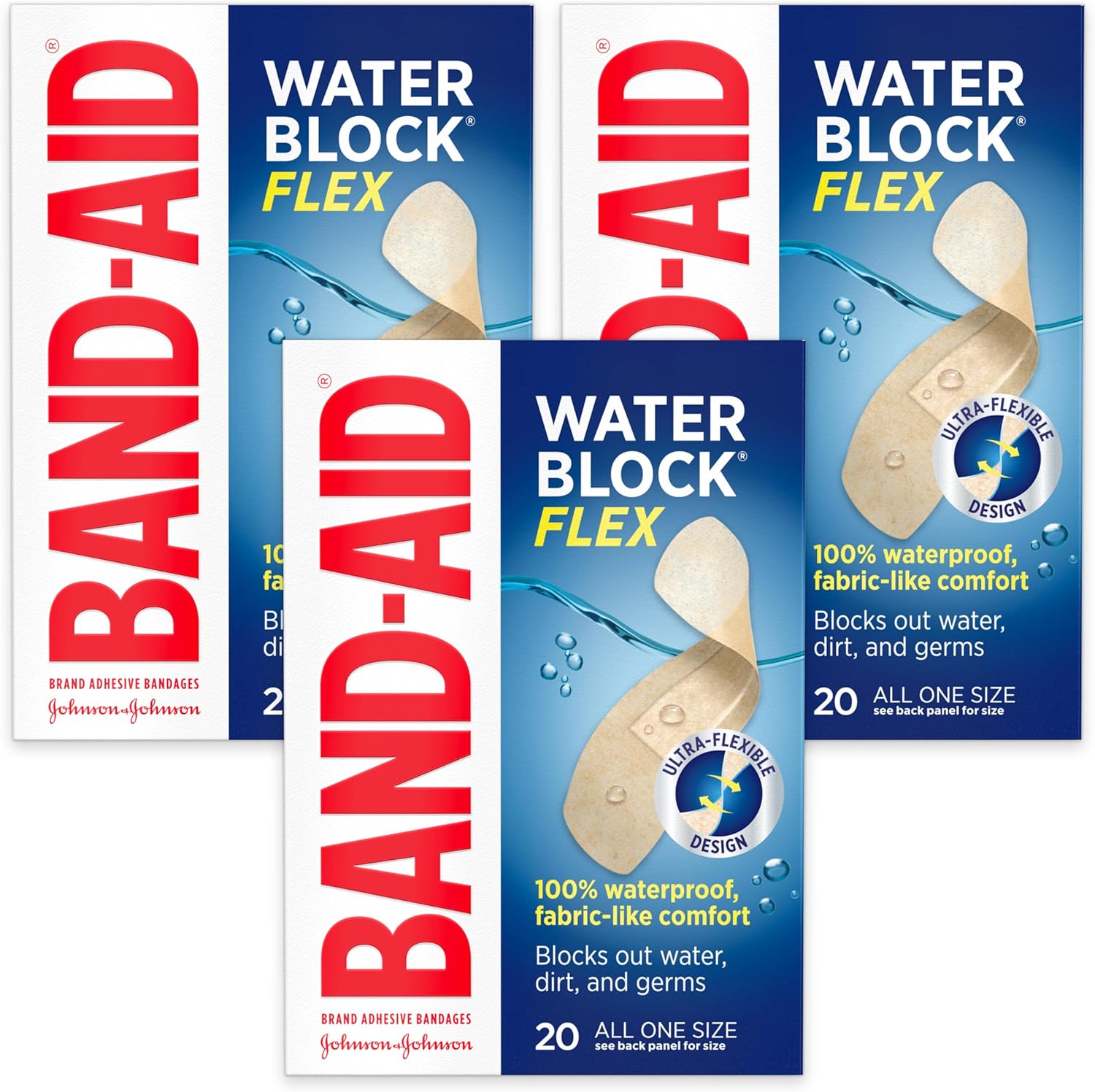 Band-Aid Brand Water Block Flex 100% Waterproof Adhesive Bandages For First-Aid Wound Care Of Minor Cuts, Scrapes & Wounds, Ultra-Flexible Design, Sterile, All One Size, 3 X 20 Ct