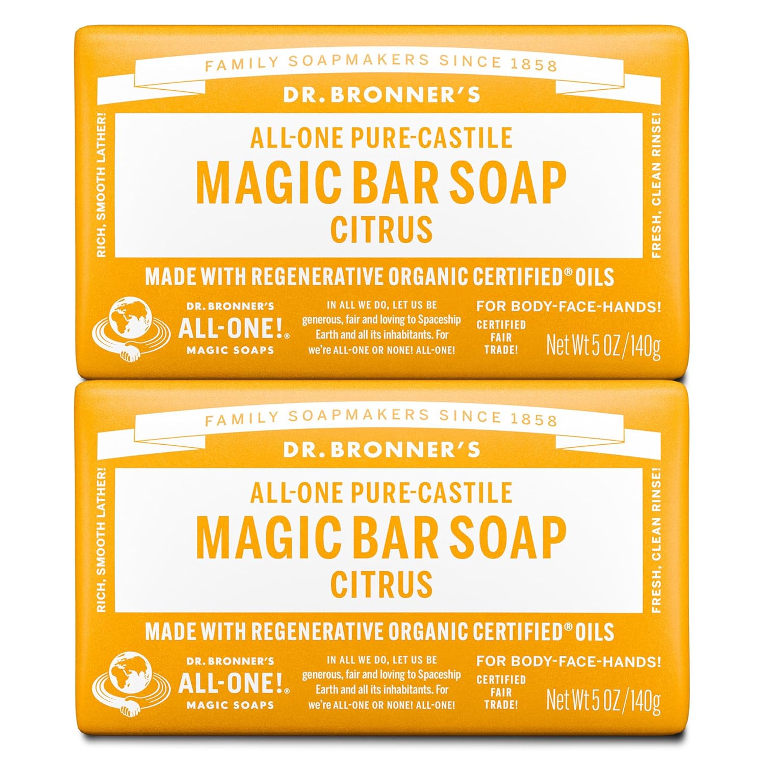 Dr. Bronner'S Pure-Castile Magic Soap Bar (Citrus, 5 Oz, 6-Pack)- Bath Soap With Regenerative Organic Certified Oils- For Face, Body & Hair - Gentle, Biodegradable, Vegan- Bars Soap For Men & Women