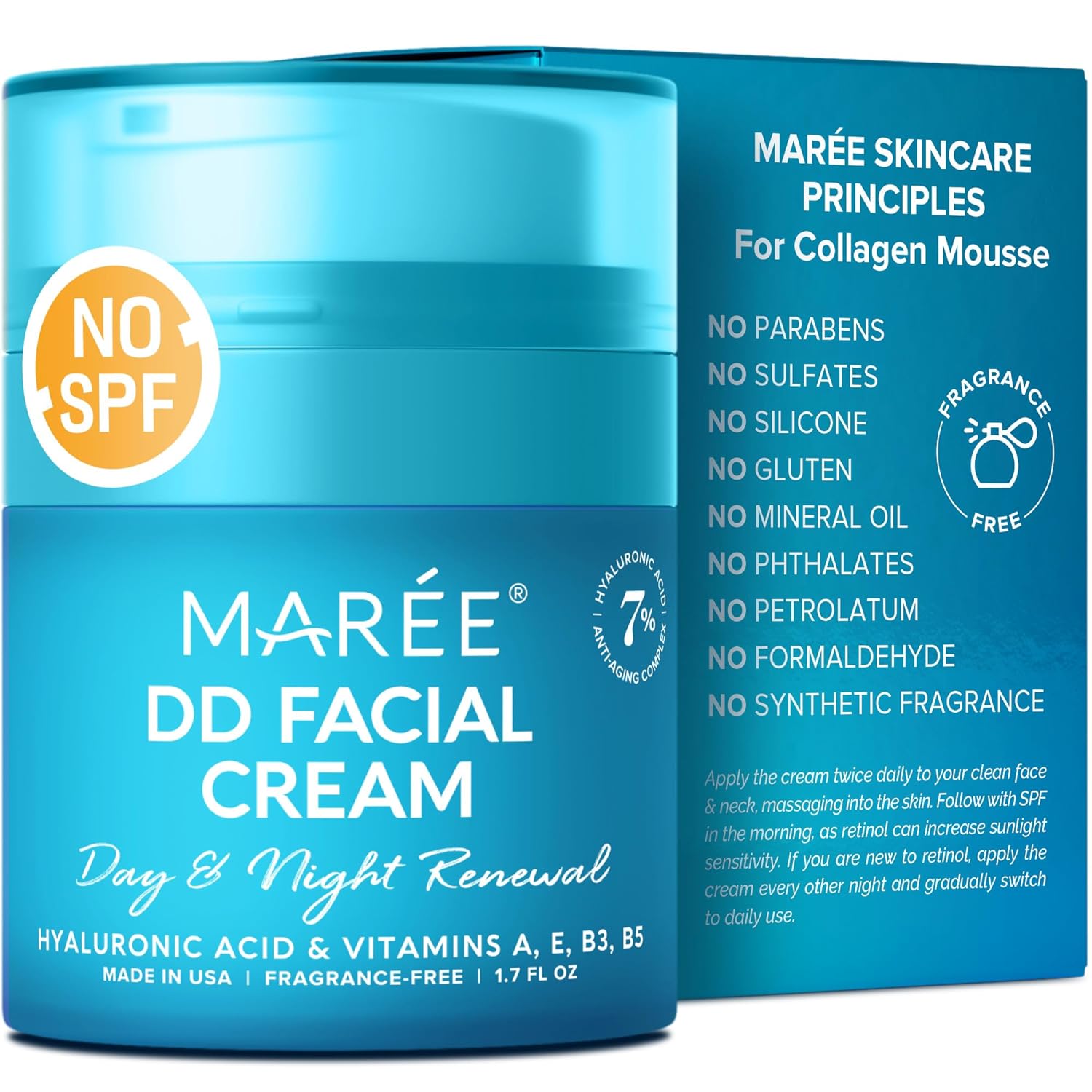 MAREE Face Moisturizer DD Collagen Cream - Anti Aging Face Cream with Hyaluronic Acid & Retinol - DD Cream with Hydrating Effect - Moisturizing Cream for Face with Vitamins A & E - 1.7oz