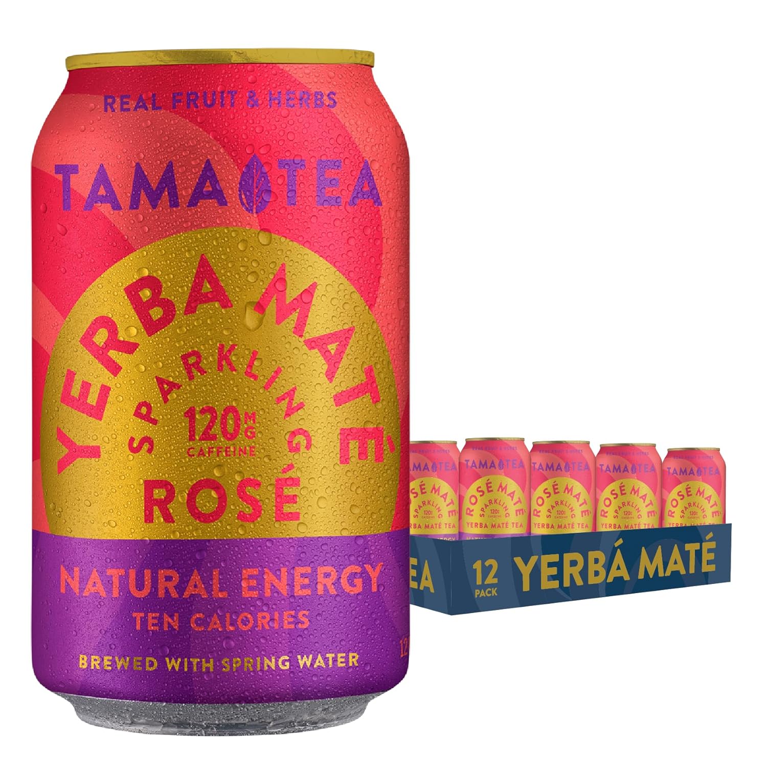 Sparkling Rose Yerba Mate By Tama Tea - Unsweetened Natural Energy Drink With Real Fruit & Herbs - Healthy Caffeine Drink Alternative - 120Mg Of Brain-Boosting Caffeine, 10 Calories - 12Oz Pack Of 12