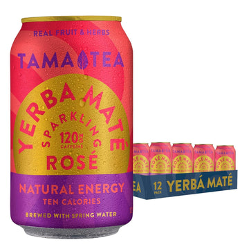Sparkling Rose Yerba Mate By Tama Tea - Unsweetened Natural Energy Drink With Real Fruit & Herbs - Healthy Caffeine Drink Alternative - 120Mg Of Brain-Boosting Caffeine, 10 Calories - 12Oz Pack Of 12