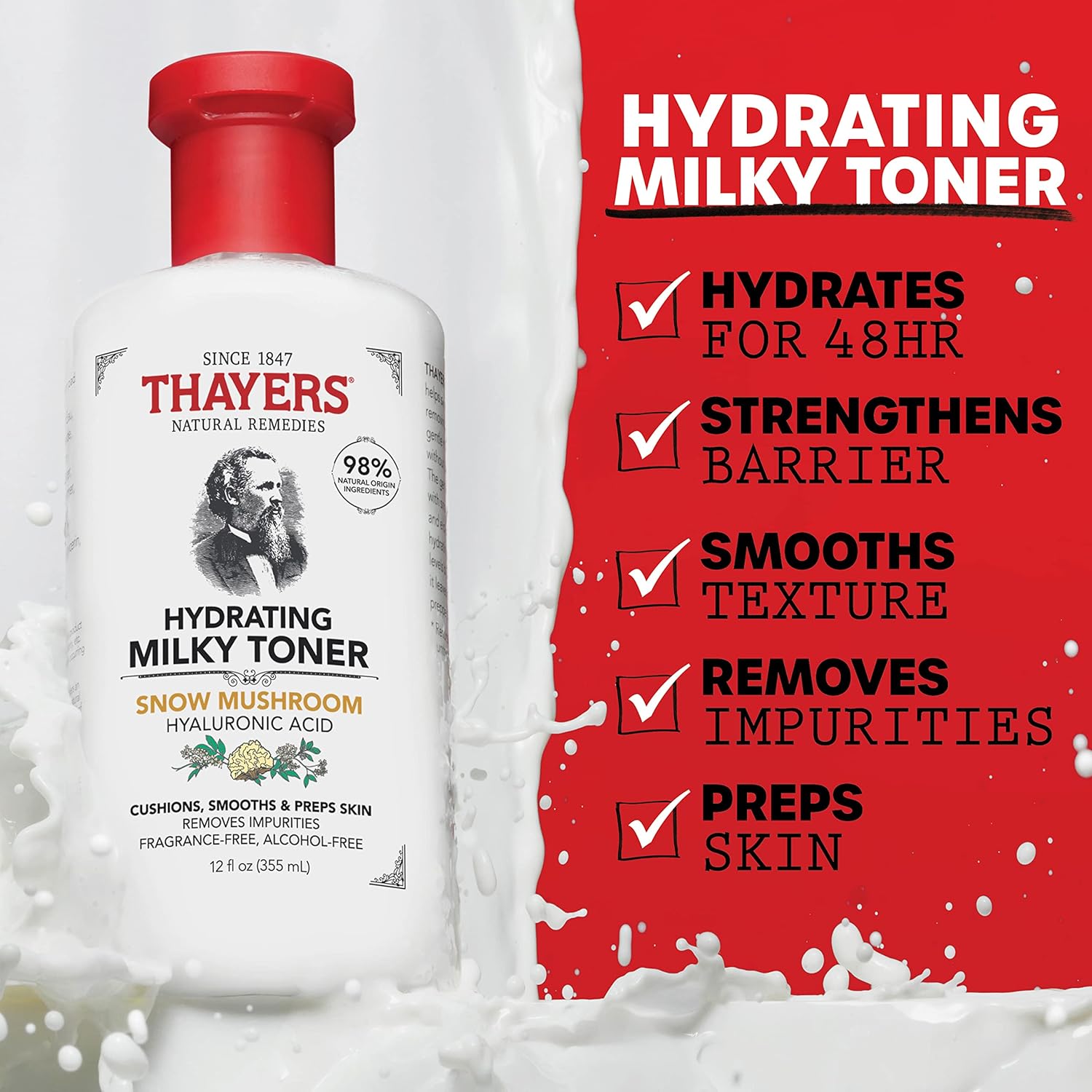 Thayers Milky Face Cleanser 8 FL Oz + Thayers Milky Toner 12 FL Oz with Snow Mushroom and Hyaluronic Acid, Dermatologist Recommended Hydrating Skincare for Dry and Sensitive Skin Bundle : Beauty & Personal Care