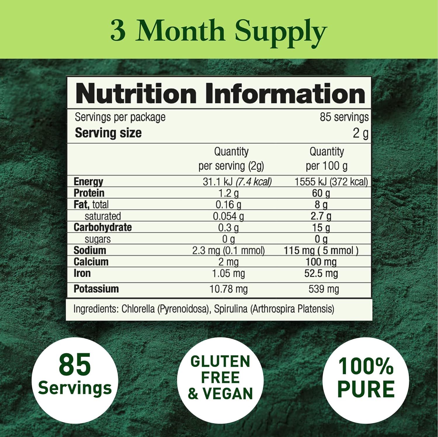 Good Natured Premium Chlorella Spirulina Powder | 85 Servings | Non-GMO | Sunlight Grown | Deep Green Color | Cracked Cell Wall | Alkalyzing | High Protein | Vegan Organic Capsules | Mountain Water : Health & Household