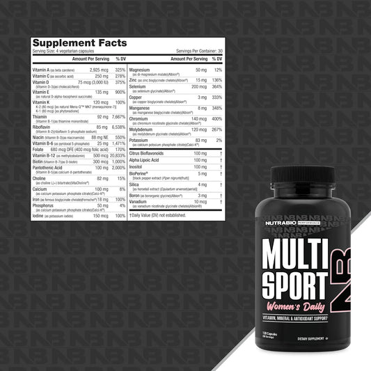 NutraBio Multisport for Women - Womens MultiVitamin - 33 Vitamins, Minerals, Micronutrients - Rich in Antioxidants - Supports Peak Athletic Performance, Energy, Metabolism (120 Vegetable Capsules)