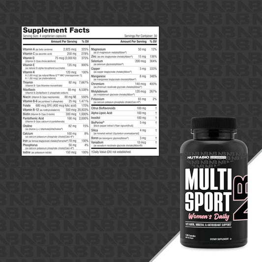 Nutrabio Multisport For Women - Womens Multivitamin - 33 Vitamins, Minerals, Micronutrients - Rich In Antioxidants - Supports Peak Athletic Performance, Energy, Metabolism (120 Vegetable Capsules)
