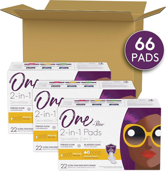 One By Poise Feminine Pads With Wings (2-In-1 Period & Bladder Leakage Pads For Women), Regular, Regular Absorbency For Period Flow, Very Light Absorbency For Bladder Leaks, 66 Count (3 Packs Of 22)