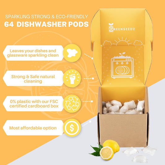 Eco Friendly Dishwasher Detergent Pods, Cuts Grease, 64 Count, Powerful Formula for Sparkling Clean Dishes, HE Compatible