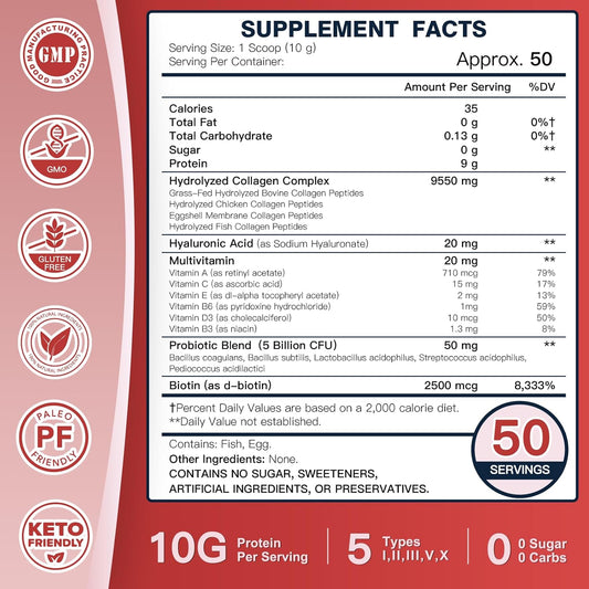 Multi-Collagen-Peptide-Powder With Probiotics, 50 Servings Of Hydrolyzed Collagen Peptides With Hyaluronic Acid, Biotin & Multivitamins - Supports Skin, Hair, Nails Health