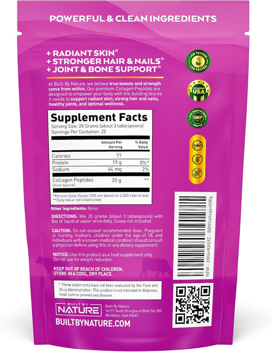 Built By Nature Collagen Peptides Powder, 500 Grams - Unflavored, Platinum Grade Hydrolyzed Collagen Protein With No Odor Or Taste, Easy Mixing - Grass Fed, Non-Gmo - Hair, Skin, Nails Supplement : Health & Household