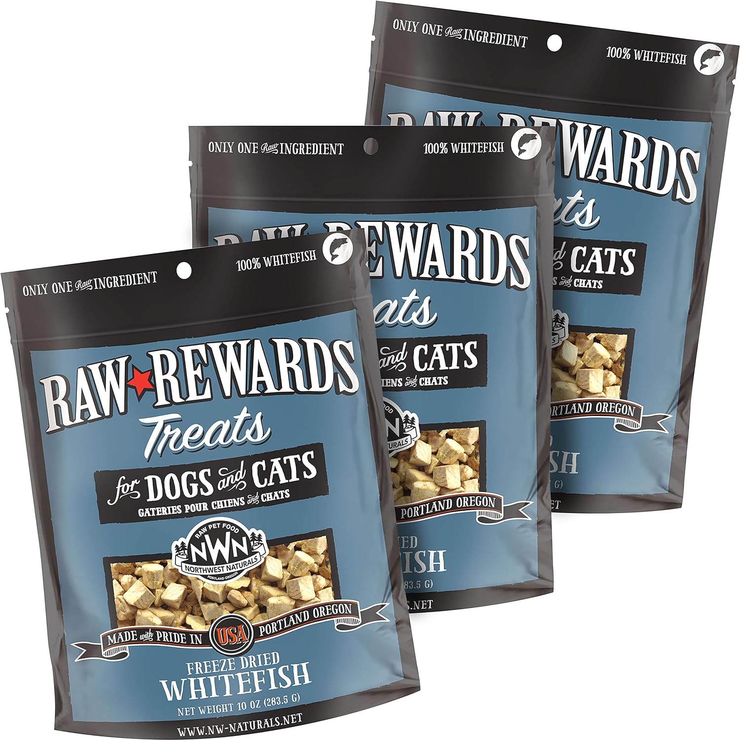 Northwest Naturals Raw Rewards Freeze-Dried Whitefish Treats for Dogs and Cats - Bite-Sized Pieces - Healthy, 1 Ingredient, Human Grade Pet Food, All Natural - 10 Oz (Pack of 3) (Packaging May Vary)