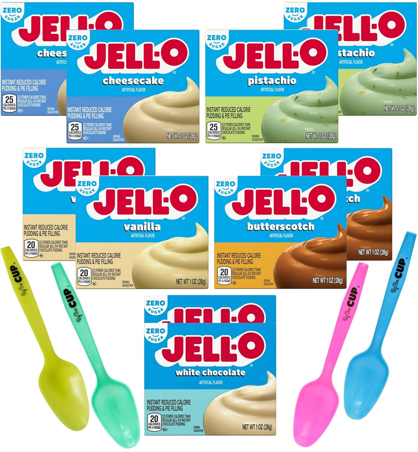 Jell-O Zero Sugar Instant Pudding & Pie Filling Mix, 5 Flavor Variety, 2 Of Each Flavor With By The Cup Mood Spoons