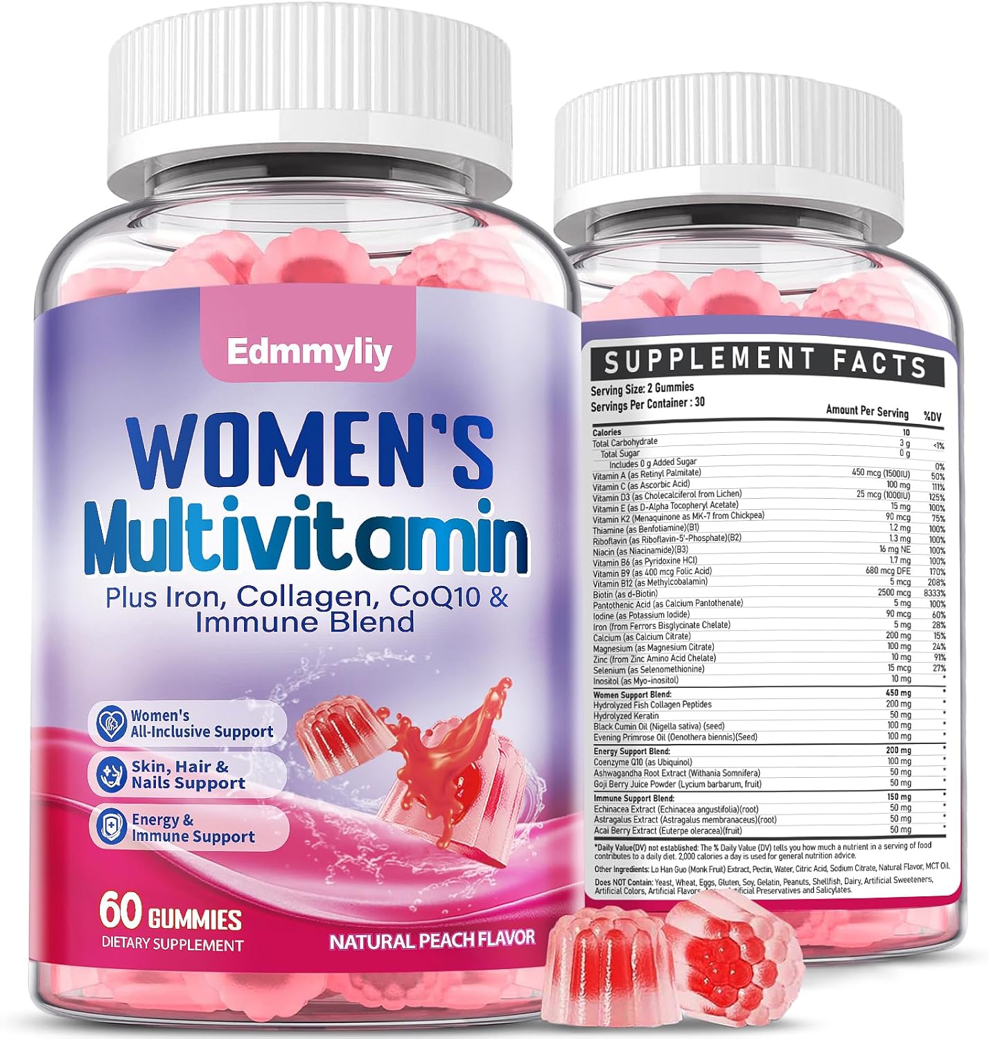 Multivitamin For Women Gummy Vitamins - Methylated B Complex With Iron, Calcium, Collagen, Biotin, Vitamin A, C, E, D3, Inositol - Womens Multivitamin Gummies For Skin, Energy & Immune Health