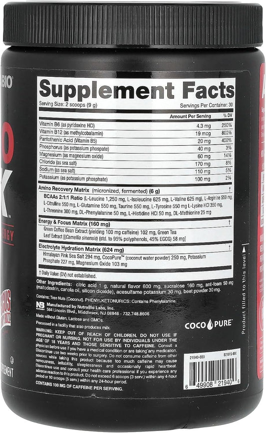 NutraBio Amino Kick - Amino Acid Energy Formula - BCAA's, Electrolytes for Hydration, Natural Caffeine (Hibiscus Strawberry Buzz) : Health & Household