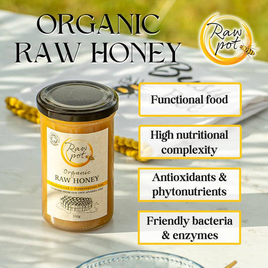 RAW POT - ORGANIC RAW HONEY – Natural Unpasteurised Pure Honey Rich in Antioxidants, Vitamins & Minerals, Probiotics for Digestive Health, Immunity, Energy Support | External Use for Skin Care (350g)