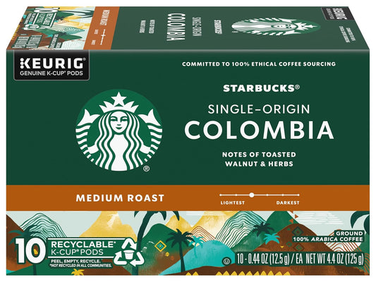 Starbucks Coffee K-Cup Pods, Single-Origin Colombia Coffee, Medium Roast, 100% Arabica Coffee, Keurig Genuine K-Cup Pods, 10 CT K-Cups/Box (Pack of 2 Boxes)