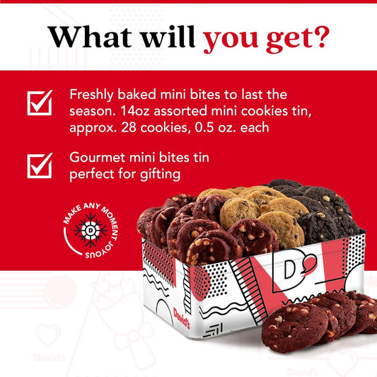 David'S Cookies Fresh-Baked Sweet Sampler Mini Bites In Love Tin - 1.7 Lbs Assorted Mini Cookies With Chocolate Chip, Chocolate & White Chocolate Chip & Red Velvet - Delicious Gourmet Gift For All