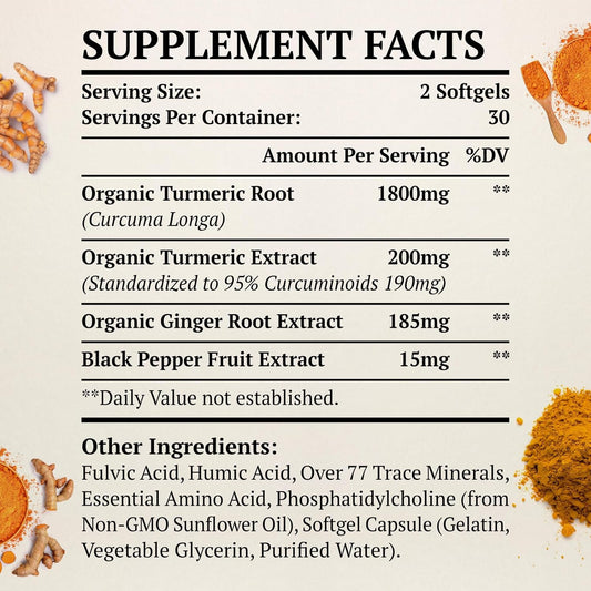 Liposomal Turmeric Curcumin Supplement 2000Mg, 95% Standardized Curcuminoid Extract & Organic Root Powder With Piperine Black Pepper Fruit (15Mg), 60 Softgels, Non-Gmo
