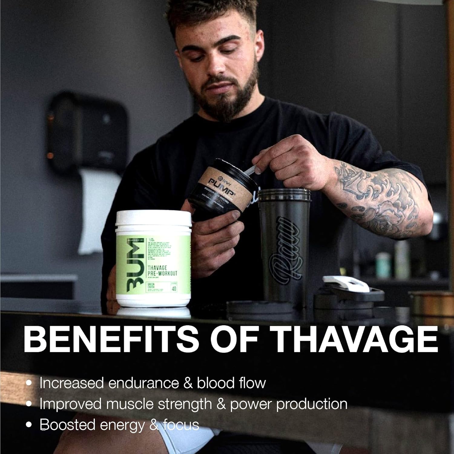 RAW Preworkout Powder, Thavage (Green Crush) - Chris Bumstead Sports Nutrition Supplement for Men & Women - Cbum Pre Workout for Working Out, Hydration, Mental Focus & Energy - 40 Servings : Health & Household