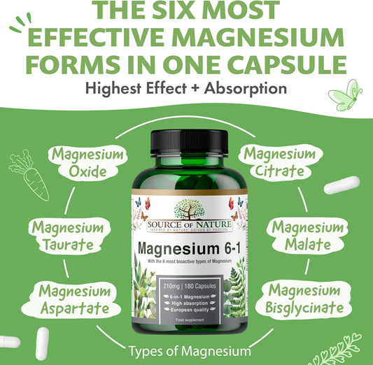 Source Of Nature® | 6-In-1 Magnesium Complex | High-Dose – 210 Mg Elemental Per Capsule | 180 Vegan Capsules | Bioactive Magnesium Forms: Aspartate, Malate, Taurate, Bisglycinate, Citrate & Oxide