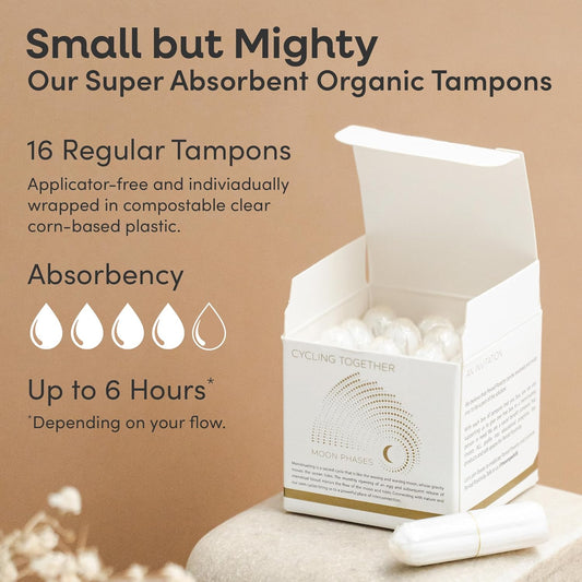 MoonPads Organic Tampons l Applicator Free l Utra-Absorbant l Eco-Friendly l Regular l 100% Organic Cotton l Easy Insertion l Unscented l Chlorine Free l Non-Toxic l BPA Free l Plant Based (16 Count)