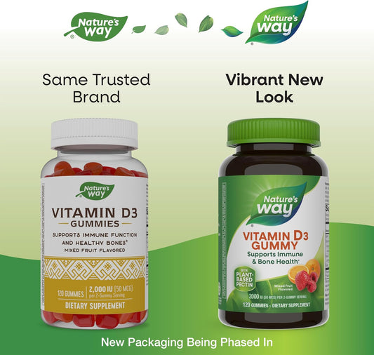 Nature'S Way Vitamin D3 Gummies, Supports Immune And Bone Health*, 2000 Iu (50 Mcg) Per 2-Gummy Serving, Mixed Fruit Flavored, 120 Gummies (Packaging May Vary)