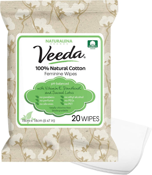 Veeda 100% Natural Cotton Feminine Wipes - Unscented Wet Wipes for Women - Safe Cleansing Cloths for Sensitive Skin - pH balanced & Hypoallergenic - 20 Count (Pack of 6)