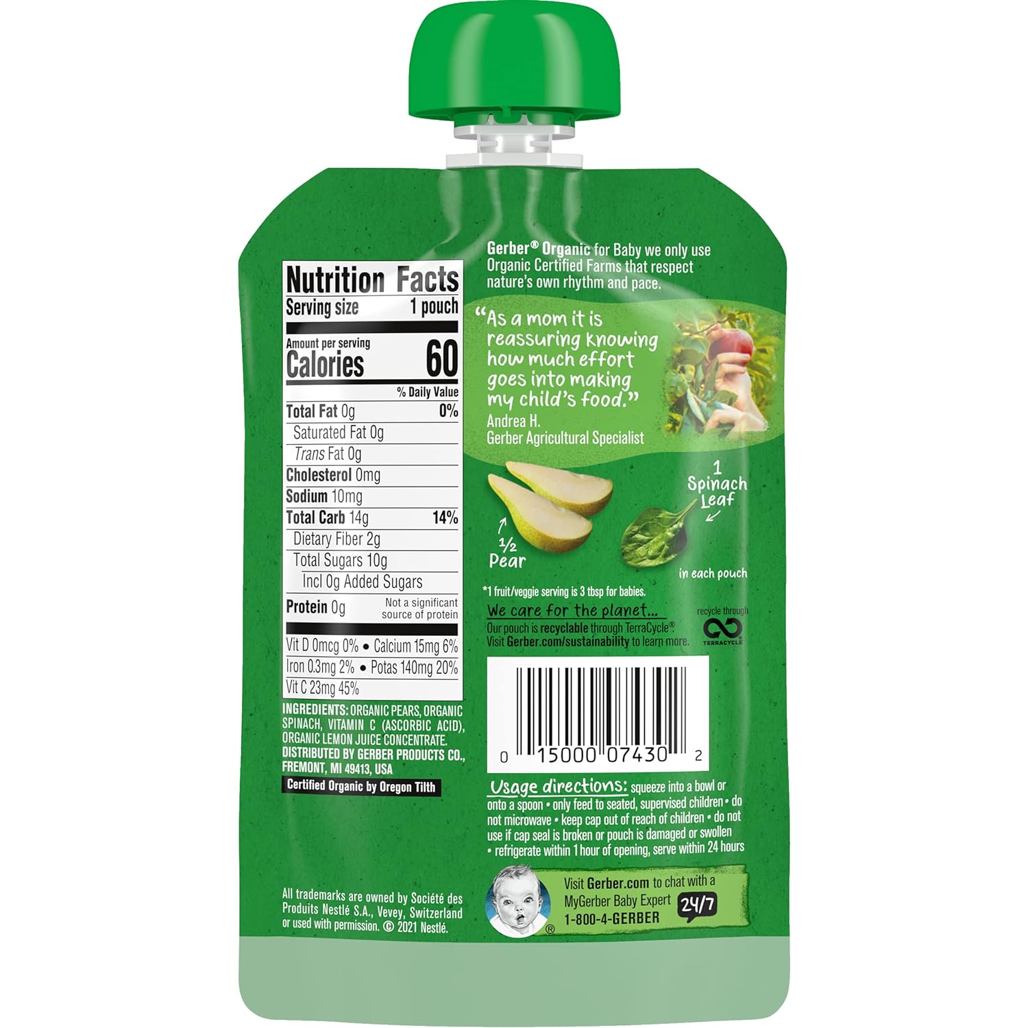 Gerber Organic Pear Spinach Baby Food, 3.5 Oz Pouch : Baby