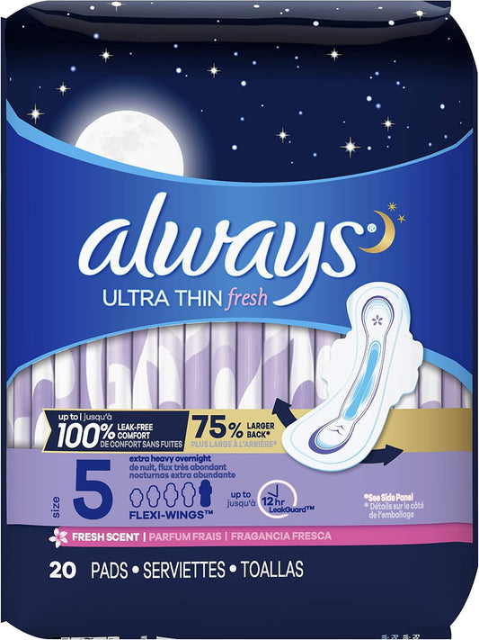 Always Ultra Thin Feminine Pads With Wings For Women, Size 5, 60 Count, Extra Heavy Overnight Absorbency, Scented (20 Count, Pack Of 3 - 60 Count Total)