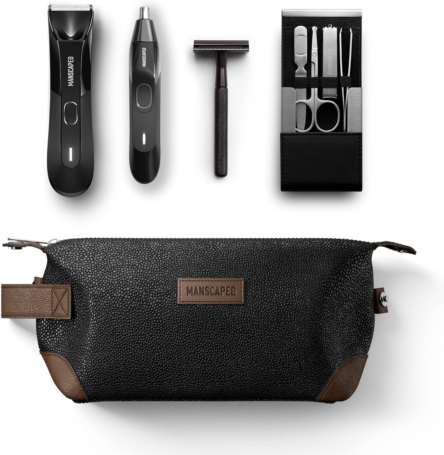 Manscaped® The Tool Box 4.0 Contains: The Lawn Mower® 4.0 Electric Trimmer, Weed Whacker® Nose & Ear Hair Trimmer, The Plow® 2.0, The Shears Four Piece Nail Kit, The Shed Toiletry Bag